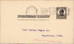 United States Iowa Missent to Oskaloosa, Iowa 1909 violet sl  Postal Card.