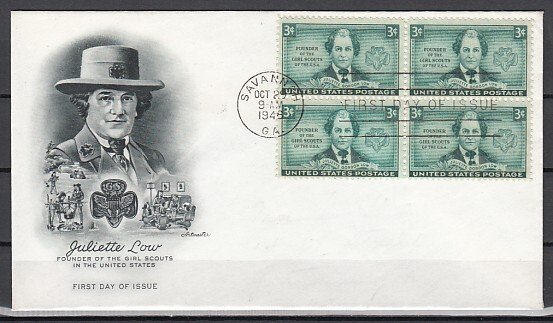 United States, Scott cat. 974. J. Low of Girl Scouts, Blk/4. First day cover. ^