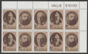 New Zealand 1979 Statesmen Value Block (10) MNH