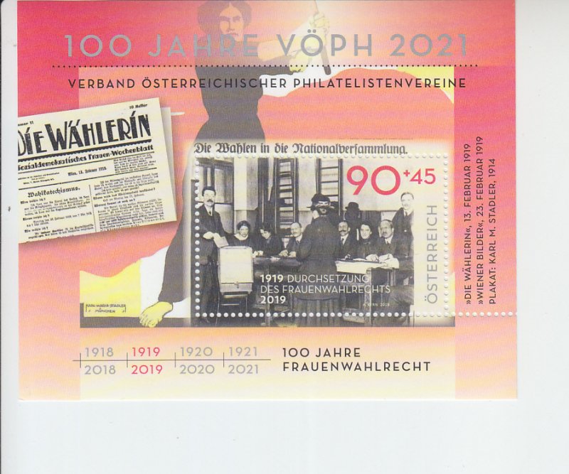 2019 Austria Women's Suffrage in Austria SP SS (Scott B403) MNH