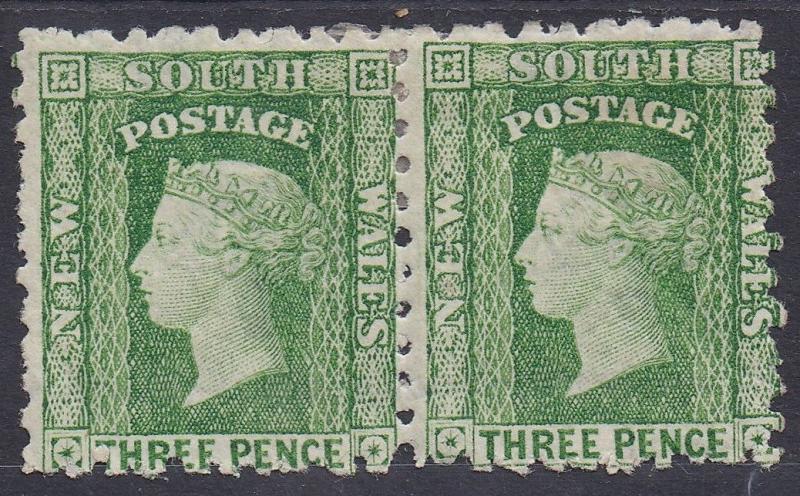 NEW SOUTH WALES 1871 QV DIADEM 3D PAIR WMK CROWN/NSW SG TYPE W36 PERF 10 