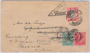 TRANSVAAL - POSTAL HISTORY: COVER to GB reditected to GERMANY with PERFIN STAMPS