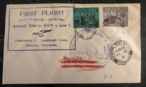 1931 Port Spain Trinidad First Flight Airmail Cover FFC To Matuirin Venezuela B