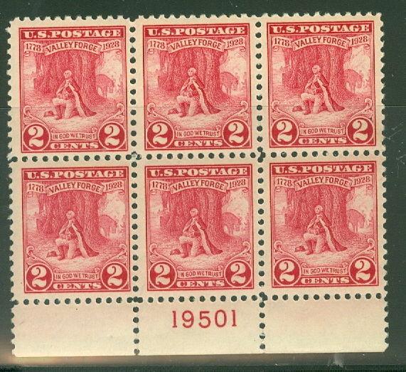 US #645 2¢ Washington at Prayer, Plate No. Block of 6, og, 5NH/1LH, VF,