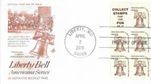 1975 FDC, #1595d, 13c Liberty Bell, Art Craft, booklet pane