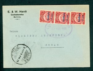 BOLIVIA SC. 138 STRIP OF 3 ON FFC AIR MAIL COVER COCHABAMBA TO SUCRE AS SHOWN