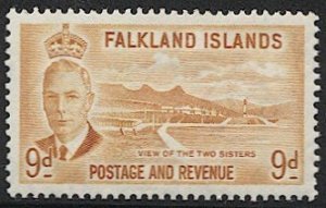 FALKLAND ISLANDS 1952, 9d KGVI Sc 114 Mint LH VF, Twin Peaks, Lighthouse