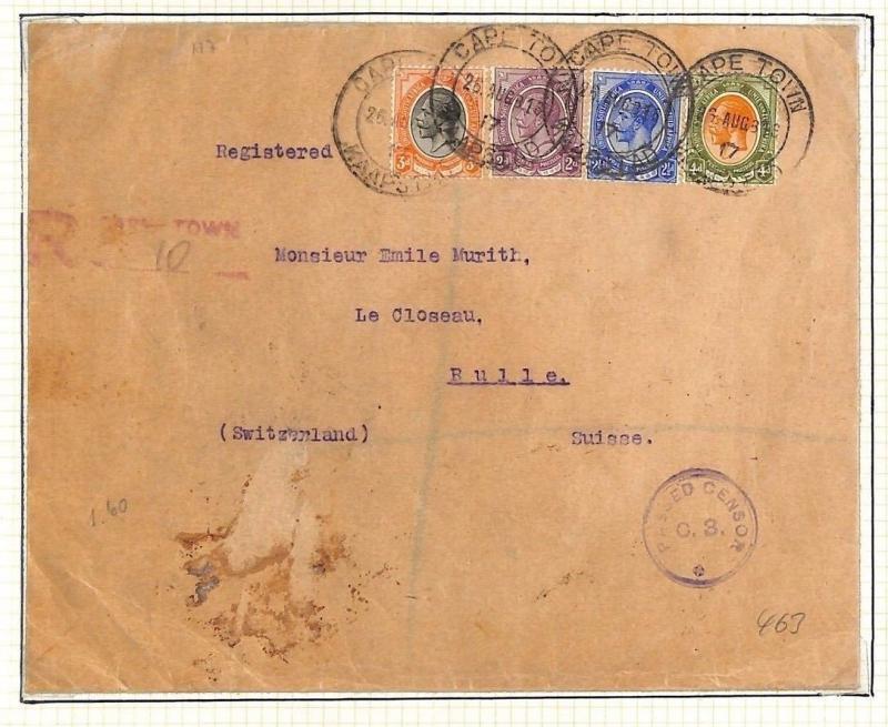 South Africa WW1 Cover  4-COLOUR FRANKING Censor 1916 Switzerland {samwells}LB10