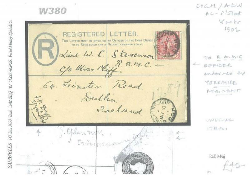 W380 1902 BOER WAR COGH Yorks Regt Registered Cover RAMC Officer Ireland MEDICAL