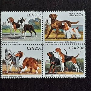 US Scott # 2098-2101; 20c Dogs, 1984; Blk of 4; MNH, og; XF; minor gum skip on 1