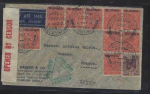 BURMA (P2810B) 1940 CENSORED A/M 2AX10+1/2A+KGVI  1A TO FRANCE   NICE 