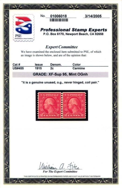 US SCOTT #455 PAIR MINT-XF-SUP-OG-NH GRADED 95 W/ PSE CERT SMQ $170 (8/1/24 GP)