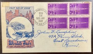 852 Leo August/John Coulthard cachet Golden Gate Expo FDC 1939 w/Block of 4