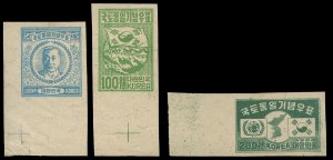 Korea #119-121, 1950 Syngman Rhee, imperf. set of three, without gum as issued