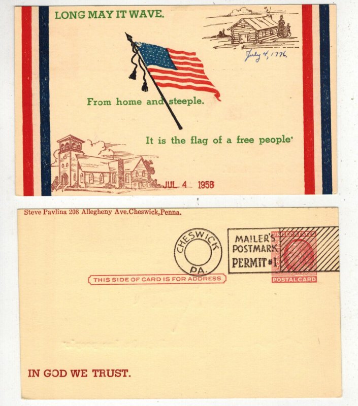 1958 CHESWICK PA PENNSYLVANIA MAILERS POSTMARK PERMIT #1 SET OF 2 JULY 4 CACHETS