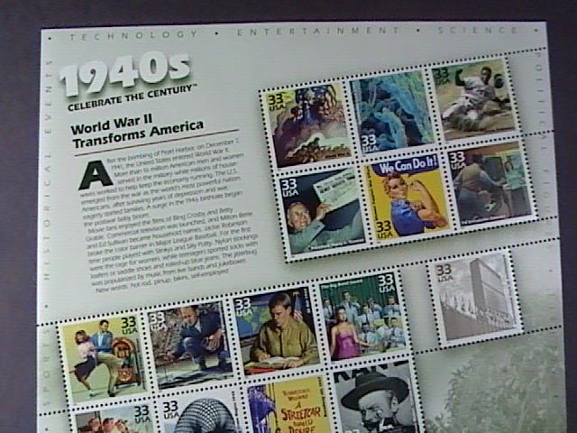 U.S.#3186-MNH-- PANE OF 15 STAMPS-CELEBRATE THE CENTURY THE 1940'S----1999