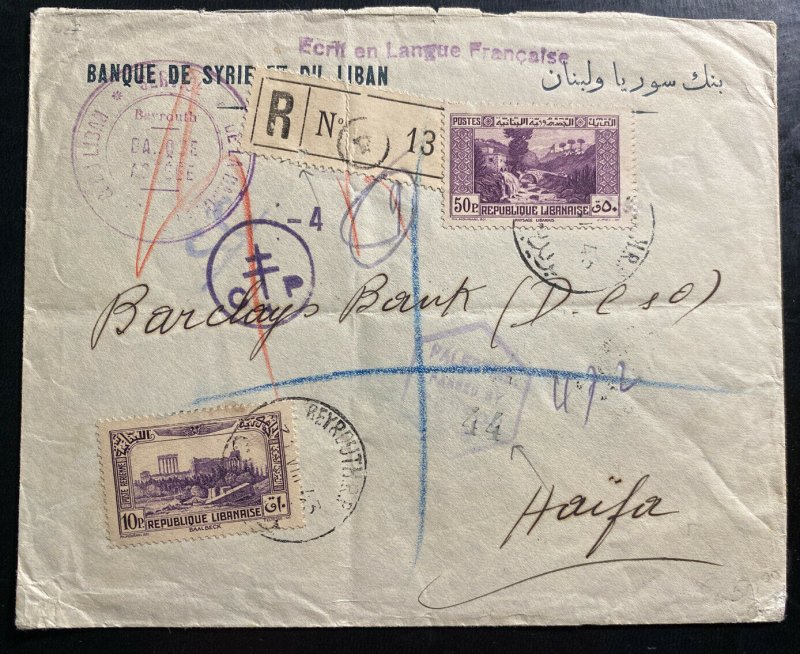 1943 Beirut Lebanon Registered Censored Cover to Barclays Bank Haifa Palestine 