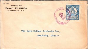 1929 San Pedro Sula Honduras Atlantida Bank cover to Sandusky Ohio OH USA