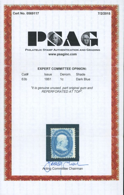U.S. #63b MINT WITH PSAG CERT