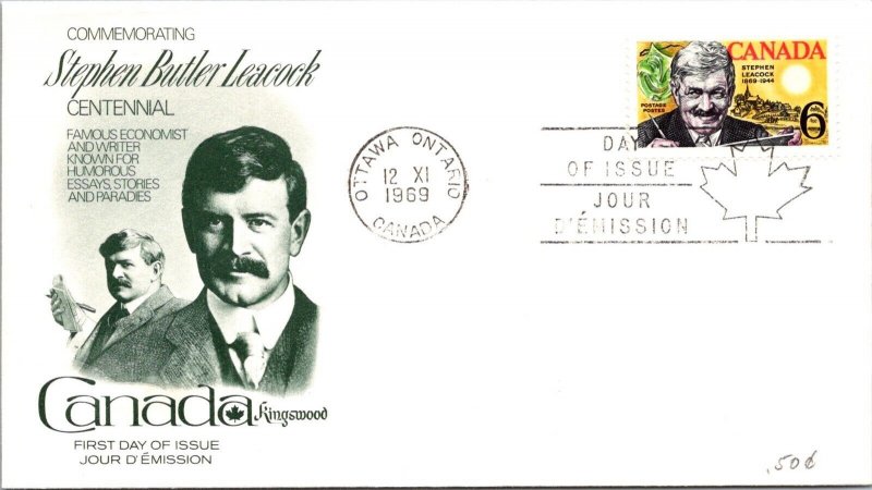 Canada 1969 FDC - Stephen Butler Leacock - Ottawa, Ont - J9003