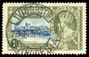 Northern Rhodesia 1935 KGV Silver Jubilee 1d DIAGONAL LINE BY TURRET vfu. SG 18f