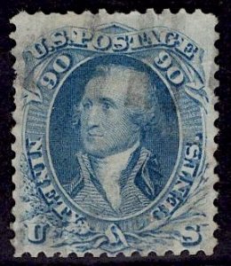 US Stamp #72 USED 90c Blue Washington SCV $600. Great Color!