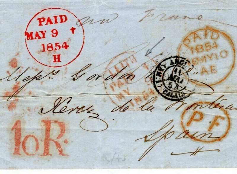 GB SCOTLAND Cover LEITH *PAID* CDS SPAIN Cadiz *10R* Delivery Charge 1854 PE189 