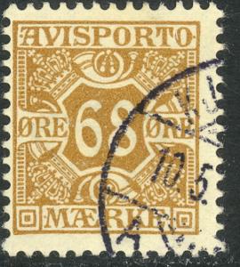 DENMARK 1907 68o Yellow Brown NEWSPAPER STAMPS Sc P7 VFU