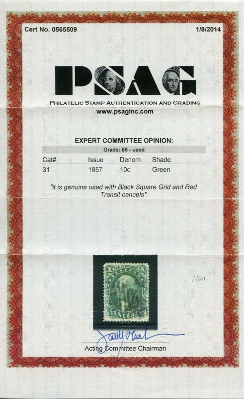 US SCOTT #31 USED-VF-XF GRADED 85 W/ PSAG CERT SMQ $1,850 (7/8/21 GP)