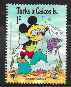 Turks and Caicos 401: 1c Mickey Mouse skin-diving, MH, VF