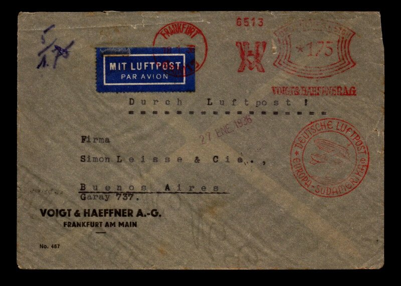 Germany Jan 1936 Airmail Cover to Brazil / Metered - L17428