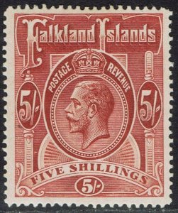 FALKLAND ISLANDS 1912 KGV 5/- RED