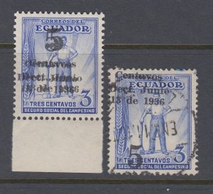 Ecuador 1936 5c on 3c Ultramarine Surcharge Varieties x 2. Scott RA36 var