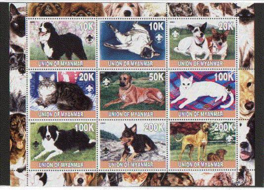 Myanmar, 2001 Local issue. Cats & Dogs sheet of 9.  Scout logo.