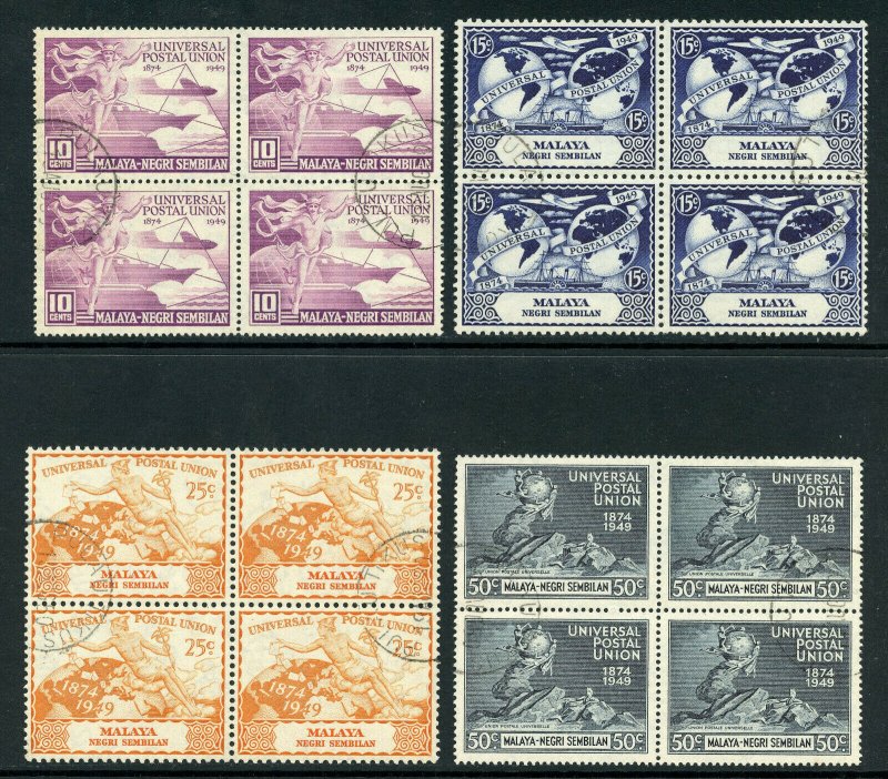 Malaya - Negri Sembilan 1949 UPU set complete VFU in blocks. SG 63-66. Sc 59-62.