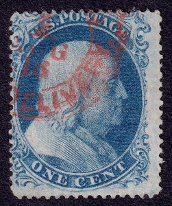 US Scott 20, 1857 Franklin, 1c blue, FINE USED *Red Cancel*