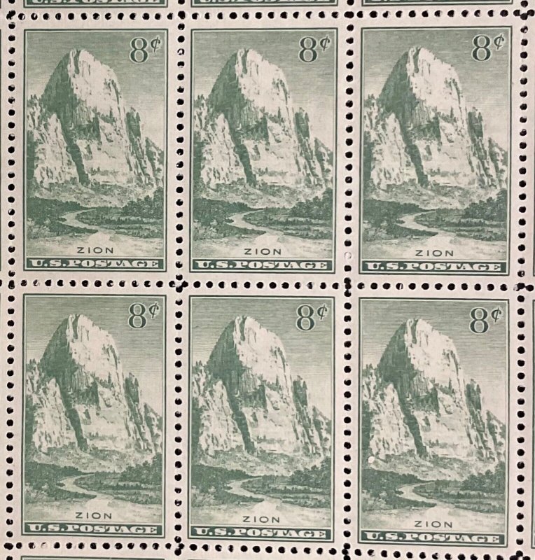 747 Zions, Sage Green  National Parks Issue MNH 8 c Partial Sheet of 36  1934