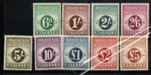 Rhodesia & Nyasaland Revenue BF 1-9 Set Mint never hinged