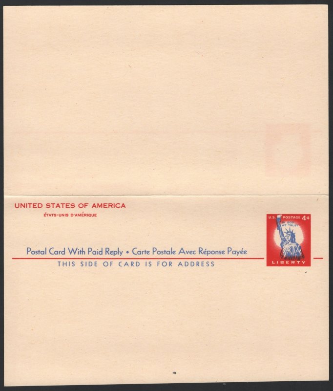 SC#UY16 4¢ + 4¢ Statue of Liberty International Double Postal Card (1956) Unused