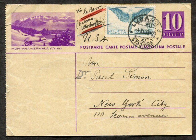 p476 - SWITZERLAND 1938 Uprated Postal Card to USA. Airmail Stamp