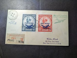 1947 Registered Monaco Airmail Overprint Cover Monte Carlo to New York NY USA