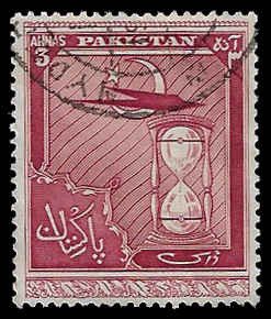 Pakistan #56 Used; 3a Star & Crescent, Plane & Hourglass (1951)