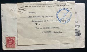 1943 Ottawa Canada War Economy Label Cover To Munitions Supply Kitchener