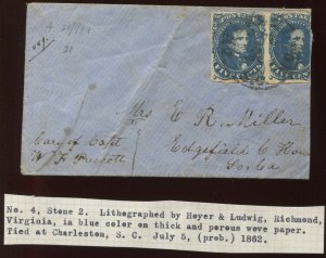 Confederate States 4 Pair Used on Cover from Charleston to Edgefield SC BZ1413