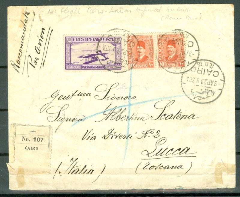 EGYPT 1929 #C1 on SCARCE REGISTERED AIR COVER TO ITALY