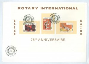 Zaire 973a Rotary International/75th anniv S/S sheet of 3 imperf stamps on an oversized FDC