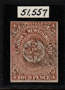 NEWFOUNDLAND SG12 1860 4d ORANGE-VERMILION WITH CERT STATING REBACKED USED