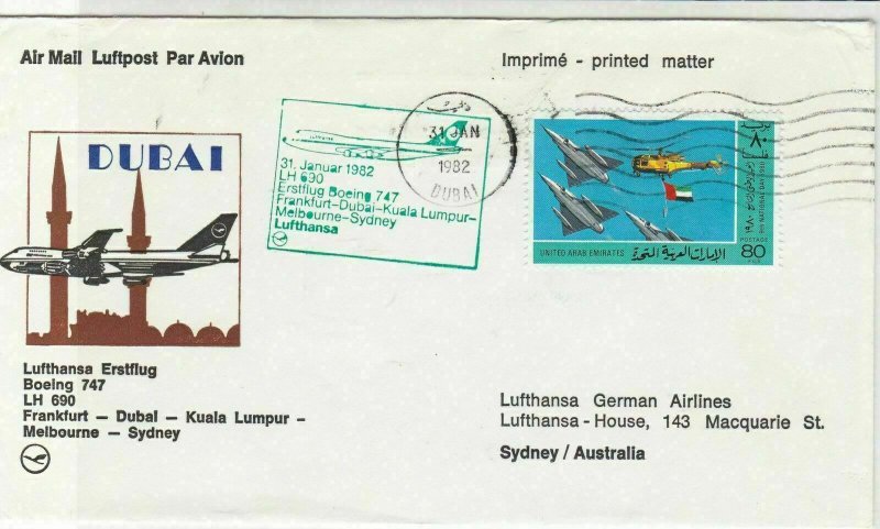 United Arab Emirates 1982 Boeing 747 1st Flight Airmail Stamps Cover Ref 29388
