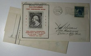 MIchigan Stamp Club 100th Annv 1st Perf Stamp Tuller Hotel Detroit Philatelic