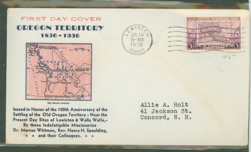 US 783 1936 Oregon Territory 100th anniv on an addressed (typed) FDC with a Kapner cachet and a Lewiston, ID cancel